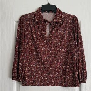 Vintage Floral V-Neck Long Sleeve Blouse - Burgundy Floral